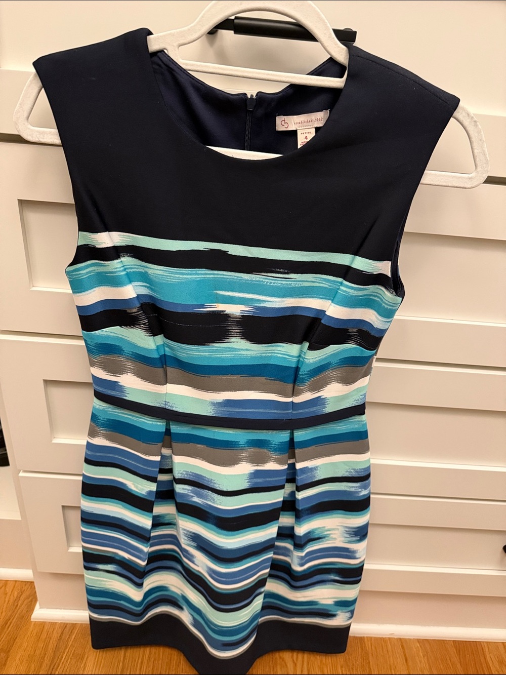 Talbots Navy and Aqua Striped Sleeveless Midi Dress 4 petite